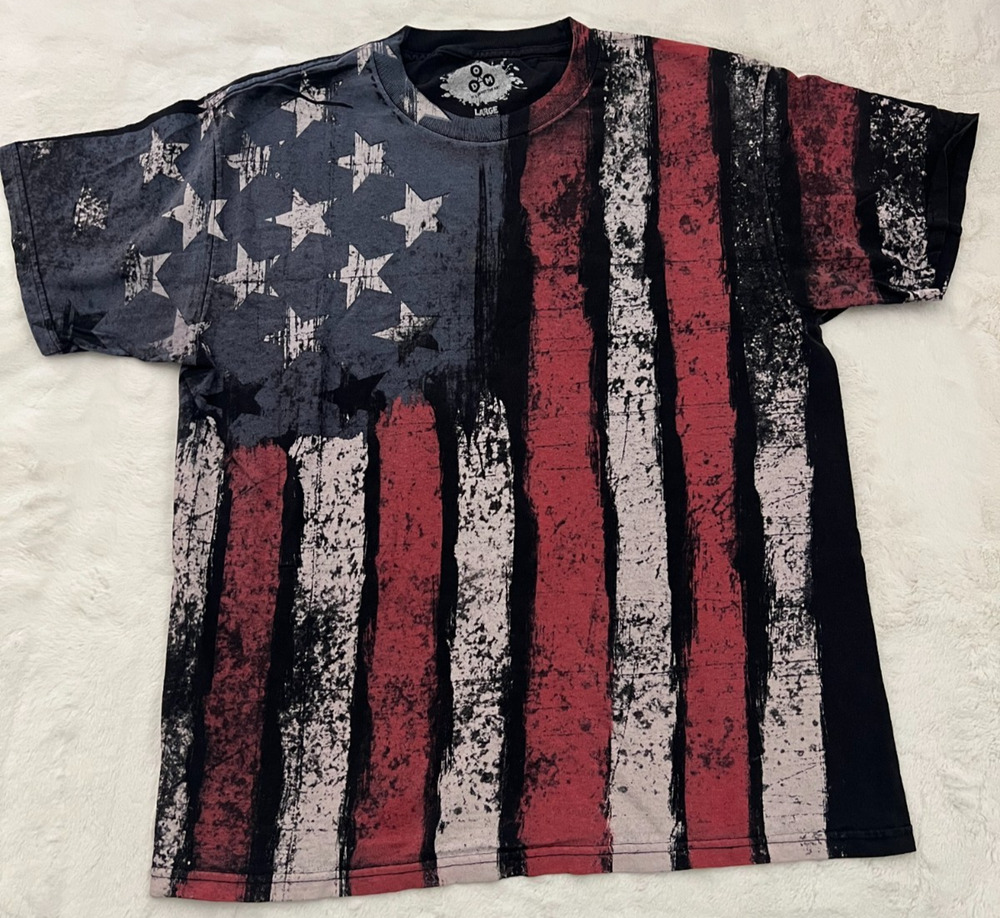 ODM Men’s Large Distressed American Flag Graphic T Shirt Red White Blue